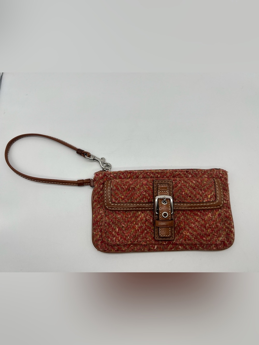 COACH Y2K Scaro Hampton Soho Herringbone Brown Leather Rose Tweed Wool Wristlet